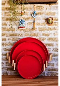 Resim Metal 4 Lü 51 37 45 30 Cm Kırmızı Ahşap Kulplu Yuvarlak Tepsi Seti, Kahvaltı Tepsisi Kırmızı 