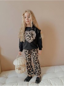Resim Miniko Kids Kız Çocuk Kalp Modelli Tül Detaylı Leopar İspanyol Paça Taytlı Takım Siyah 
