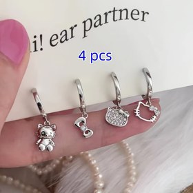 Resim 4pcs Sanrio Hello Kitty Earrings Set, Y2K Inspired Rhinestone Studs, White Alloy, Daily & Party Wear, Valentine'S Day Gift, All-Season Suitable - Perfect Birthday & Holiday Present 