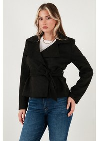 Resim Lela Regular Fit Kruvaze Yaka Kuşaklı Süet Dokulu Bayan Ceket 6839640 Siyah 