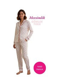 Resim Alimer Kadın Beyaz Kırmızı Kalp Desen %100 Pamuk Fitilli Kumaş Mevsimlik Uzun Kol Cepli Pijama Takımı Beyaz 