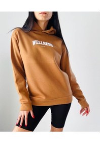 Resim Kadın Şardonlu 3 İp Wellness Baskı Kapüşonlu Oversize Sweatshirt 