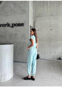 Resim Soonaksesuar Çizgili Keten Kolsuz Crop Pantolon Takım - Yeşil Yeşil 