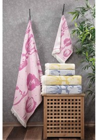 Resim %100 Pamuk Saçaklı Jakarlı Lale Desenli Peştemal Ve Peşkir Takımı-fuşya Fusya Fuşya 