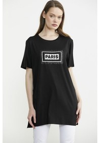 Resim Büyük Beden Baskılı Uzun Tunik Tişört - Siyah Siyah 