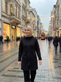 Resim DKECCI Su İtici Rüzgar Kesici Uzun Softshell Tesettür Mont - Kapüşonlu Mevsimlik Ceket 