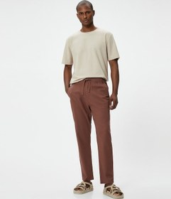 Resim Koton Boyfriend Pantolon Beli Bağcıklı Chino Cep Detaylı Keten Karışımlı Bordo Şarap 4sam40088hw Bordo 