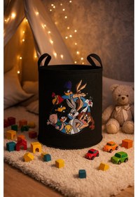 Resim Keçe Oyuncak Sepeti Çizgi Film Desenli, Katlanabilir Kulplu, Çocuk Odası Düzenleyici 38x39 Siyah 