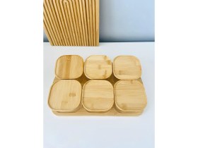 Resim EYD Bambu Tepsili Bambu Kapaklı Kahvaltılık 6'lı Bambu Kahvaltılık Vakum Kapaklı Cam Kahvaltılık 