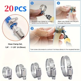 Resim 20 adet 304 Paslanmaz Çelik Hortum Kelepçe Seti, Solucan Dişli Ayarlanabilir Aralık 1/4" - 1-1/8" (6-29mm), Boru, Aracı Soğutucusu, Tesisat, Boru ve Yakıt Hattı İçin Dayanıklı Metal Kelepçeler. 