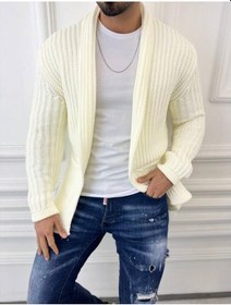 Resim Elku Moda Hırka Kalın Örgü Şal Yaka Cepli Panço Triko Hırka Beyaz 