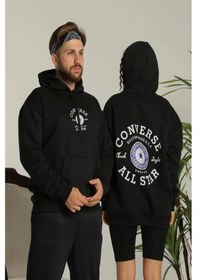 Resim Erkek Sırt Baskılı Oversize Üç İplik Kapüşonlu Hoodie Sweatshirt - Siyah Siyah 