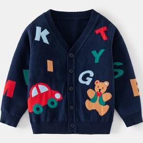 Resim Çocuklar için Lacivert Örgü Kazak - Erkek & Kız Uzun Kollu Düğmeli Ceket, Yumuşak Örgü Kumaş Okul, Oyun Buluşmaları, Aile Gezileri İçin - Kolay Düğme Kapama Dış Giyim, Eğlenceli Tasarım, Dayanıklı Çocuk Giysisi, Okul Kıyafeti, Karikatür Baskı, Rahat Malzeme, Çocuk Giysileri, Çocuk Modası 