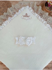 Resim Yenidoğan Wool Yün Kumaş Taç Nakışlı Güpür Duvaklı Fiyonk Prizma Taş Unisex Kundak Bebek Battaniyesi Kahverengi 