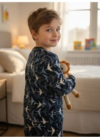 Resim Zekids Erkek Çocuk Uçak Polar Desenli Pijama Takımı-16813 Lacivert 
