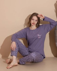 Resim Boyraz Lindros Kadın Pamuk'lu Düğme Yaka Raporlu İnterlok Kışlık Pijama Takımı 05040 - 1 Adet Mor 
