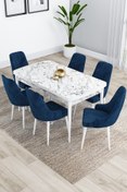 Resim Canisa Kar Serisi Beyaz Mermer Desenli Açılabilir 80x132 Mdf Mutfak Masası Takımı 6 Lacivert Sandalye 