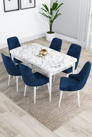 Resim Canisa Kar Serisi Beyaz Mermer Desenli Açılabilir 80x132 Mdf Mutfak Masası Takımı 6 Lacivert Sandalye 