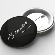 Resim Atatürk İmzalı Siyah İğneli Buton Rozet 58mm Gümüş 