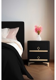 Resim Doppia Linea Gold Iki Çekmeceli Siyah Komodin-kumaş Döşemeli Yatak Odası 2 Çekmeceli Komodin Modeli 