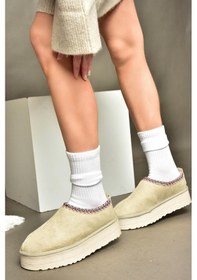 Resim Fox Shoes R612047302 Bej Süet İçi Tüylü Kalın Tabanlı Kadın Terlik Bej 