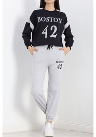 Resim Baskılı Bisiklet Yaka Eşofman Takımı Siyahgri Gri - Siyah 