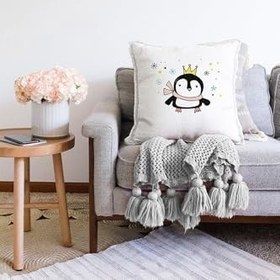 Resim RealHomes Çift Taraflı Uçan Sevimli Penguen Tasarımlı Bebek Odası Raşel Örme Yastık Kırlent Kılıfı, Sonil-K-4414-55x55cm 