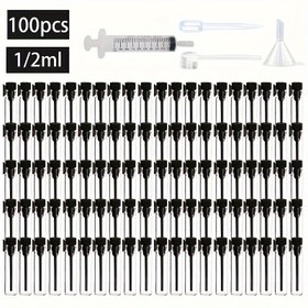 Resim 100 ADET 1/2ml Mini Numune Cam Seyahat Şişeleri Aksesuarlarla - Kokusuz, PVS İçermez, 100 Damlalık, 1 Pipet, 1 Huni, 1 Dağıtıcı, 1 Şırınga Dahil - Uçucu Yağlar ve Parfümler İçin İdeal 