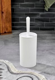 Resim Modern Çizgili Yuvarlak Kapaklı Tuvalet Fırçası, Banyo WC Fırçası, Ofis Kullanımı (Beyaz) 
