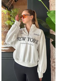 Resim Madmext Ekru Yarım Fermuarlı Baskılı Sweatshirt Mg2240 Ekru 