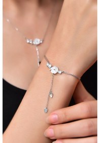 Resim Papatya Silver 925 Ayar Gümüş Rodyum Kaplama Zincir Sallantılı Beyaz Taşlı Sedef Manolya Çiçeği Kolye-Bileklik Set 