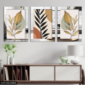 Resim Burshe Boho Tarzı Gold Bitkiler 3 Parça Gümüş Pleksi Aynalı Tablo 