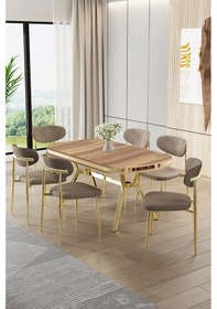 Resim Canisa Olya Serisi 90x168 Lak Panel Hazar Masa Takımı Gold Ayaklı 6 Cappucino Sandalye Hazar Masa Cappucino Sandalye 