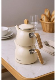 Resim Sultan - Bambu Kulplu Emaye Çaydanlık Takımı Krem 