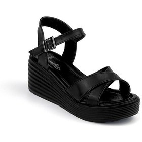 Resim Kadın Siyah Tokalı Dolgu Topuklu Sandalet 6 Cm Rahat Yüksek Topuklu Siyah 