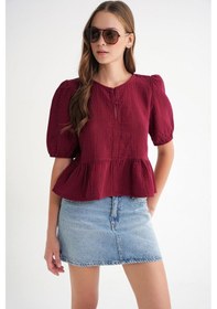 Resim Mixray 4713 Kadın Beli Büzgülü Kolu Lastikli Bol Müslin Bluz Bordo 