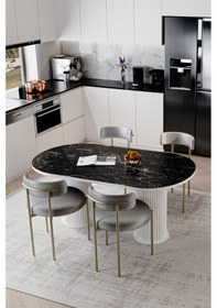 Resim Avvio Eliza Beyaz Ptt Ayak 80x160 Yemek Masası Mutfak Masası Masa Sandalye Takımı Kadife Kumaş Siyah Mermer 