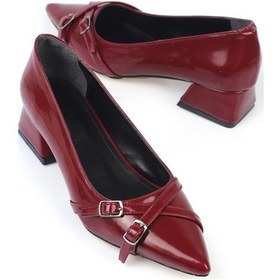 Resim Shoetek Laura Kadın Stiletto Kalın Topuklu Çapraz Bantlı Tokalı Ayakkabı Bordo Rugan Bordo 