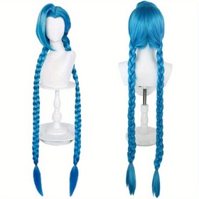 Resim Isıya Dayanıklı Mavi Uzun Örgü Peruk, Yüksek Sıcaklık Elyafı, Gül Fileli Bone, Anime Cosplay Düz Saç Stili Bayanlar İçin 