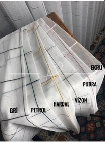 Resim Tül Perde Square Desen Kareli Çizgili Etek Kurşunlu Düz Tül Ekru 