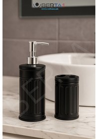 Resim Vintage Dörtlü Siyah Banyo Seti Çöp Kovası Tuvalet Fırçası Diş Fırçalık Sıvı Sabunluk Metal Siyah 