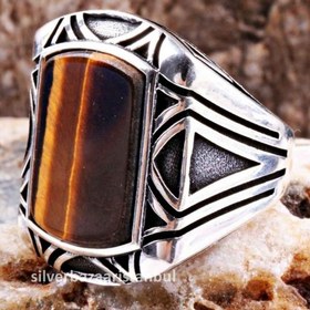 Resim Tigers Eye Stone Jewelry Solid 925 Sterling Silver Men Ring - US: 8.25 / 58 mm / Turk: 18 