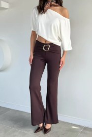 Resim Kadın Modal Kumaş Ön Tokalı Pantolon Kahve TZL-P-00021367 