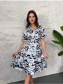 Resim Baskılı Keten Elbise - Lacivert Lacivert 