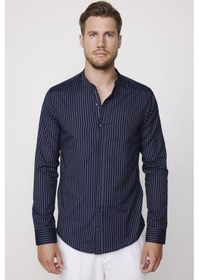 Resim Tudors Slim Fit Hakim Yaka Pamuklu Kolay Ütü Çizgili Lacivert Erkek Gömlek-27734-lacivert Lacivert 