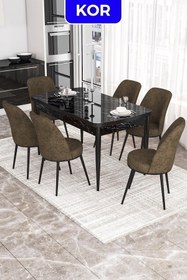 Resim Canisa Kor Serisi 70x114 Açılabilir Mutfak Masası Takımı Siyah Mermer Desen Masa 6 Kahverengi Sandalye 