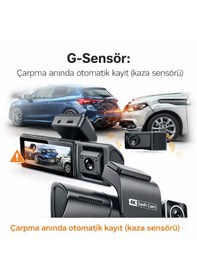Resim 4k 3 Kameralı Araç İçi Kamera Wifi Destekli, G-sensörlü, Gps, Döngü Kayıtlı Mini Dash Cam 
