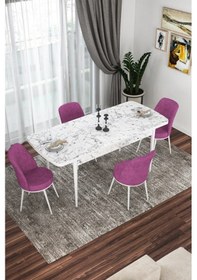 Resim Canisa Concept Kor Serisi 70x114 Açılabilir Mutfak Masası Takımı Beyaz Mermer Desen Masa 4 Mor Sandalye Masa Beyaz Mermer Desenli Sandalyeler Mor 