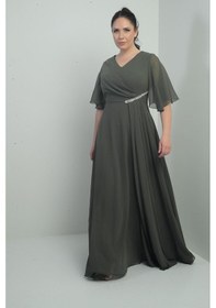 Resim Kadın V Yaka Beli Taşlı Drapeli Astarlı Büyük Beden Uzun Şifon Elbise-40870 Haki 