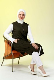 Resim Kadin Buyuk Beden Petek Kumaş Cepli Fermuarlı Düğmeli Yelek - Haki / 6XL 